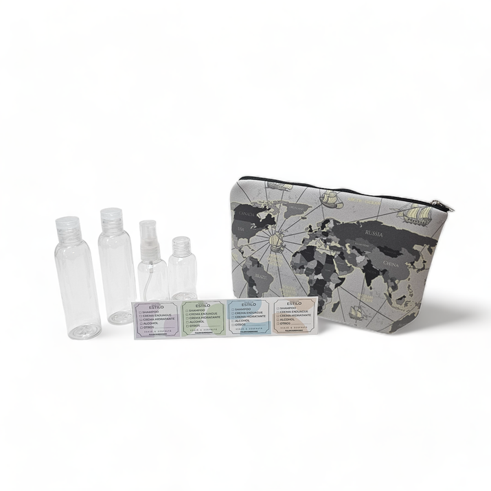 NECESER SIMIL NEOPREN + STICKERS + ATOMIZADOR + FRASCO CH + 2 FRASCOS GRANDES - MAPA GRIS